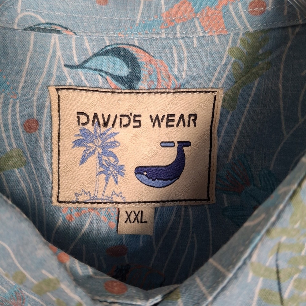 DAVID'S WEAR Men's 2XL Shirt Blue Pink Marine Life Fish Short Sleeve Button Down - Picture 2 of 12